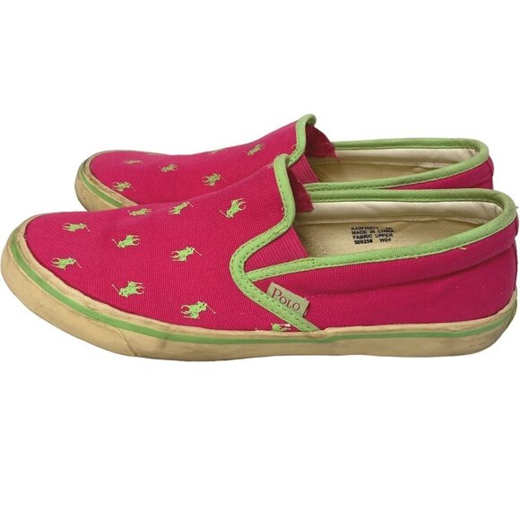 POLO RALPH LAUREN Canvas Sneakers Size 9 Pink Green Logo Loafers Slip ons Womens - Picture 3 of 12